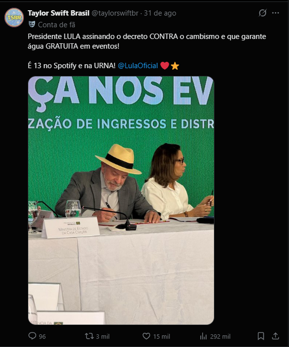 pedropomper's tweet photo. Quem entrou nessa conta:

BTS, Taylor Swift, Justin Bieber, Ariana Grande, Katy Perry, Louis Tomlinson, Harry Styles, Jonas Brothers, Lady Gaga, Shawn Mendes, Dua Lipa, Olivia Rodrigo, Demi Lovato.

Página de fã. Não servidor. Não produtora. Não artista.

O critério não está no papel. O resultado está: os convidados que o governo escolheu para bancar são, na prática, os que já faziam campanha para o Lula.