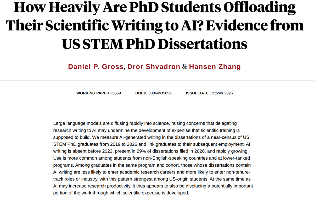 MetascienceObs's tweet photo. "We measure AI-generated writing in the dissertations of a near-census of US STEM PhD graduates from 2019 to 2026 and link graduates to their subsequent employment. AI writing is absent before 2023, present in 29% of dissertations filed in 2026, and rapidly growing." (link below) https://t.co/pHjXWtXsYz