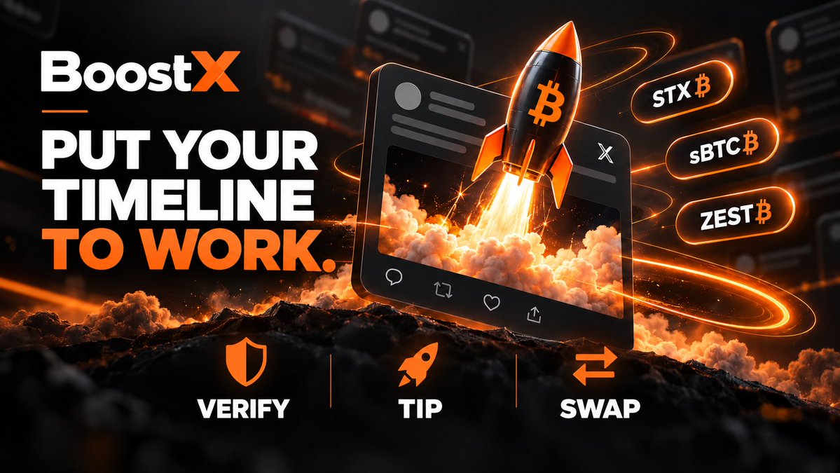boostx_app's tweet photo. Your timeline deserves an upgrade.🪄
🔸Verify BNS to 𝕏 IDs, onchain via the Orange Shield
🔸Swap STX₿, sBTC₿ &amp; ZEST₿ directly from Posts.
🔸Tip Content Creators with the Rocket.

Install @boostx_app. Connect your wallet. 
Put your timeline to work. 🚀 https://t.co/cWtUeBgj6U
