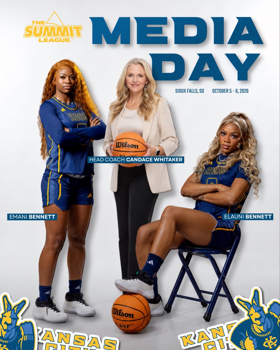 KCRoosWBB's tweet photo. KC ···· ✈︎ ···· Sioux Falls, SD 📸🎙️🦘

Coach Whitaker and Kansas City’s own Emani &amp; Elauni Bennett are repping the Roos at the Summit League Media Day today and tomorrow!  💙💛

#rooup https://t.co/CLkgYtxU78