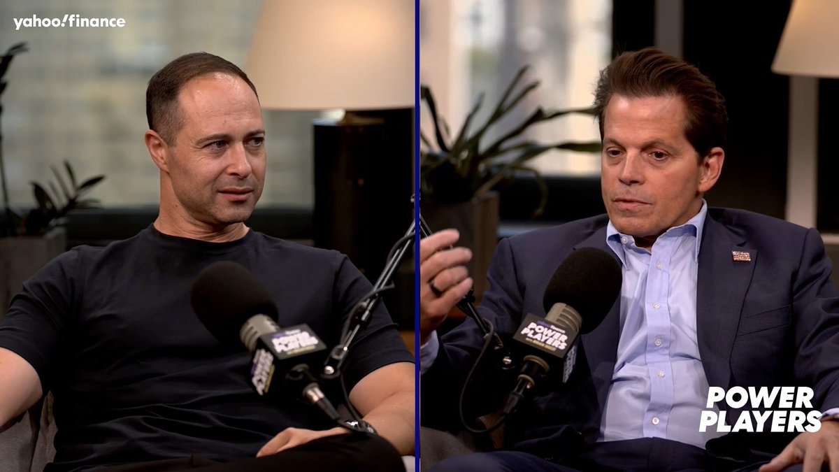 Yahoo Finance's "Power Players" interview featuring Anthony Scaramucci (left) and Brian Sozzi (right) discussing financial anxiety among 25-30 year olds despite market gains, with Scaramucci acknowledging generational economic advantages his generation had over younger Americans today.