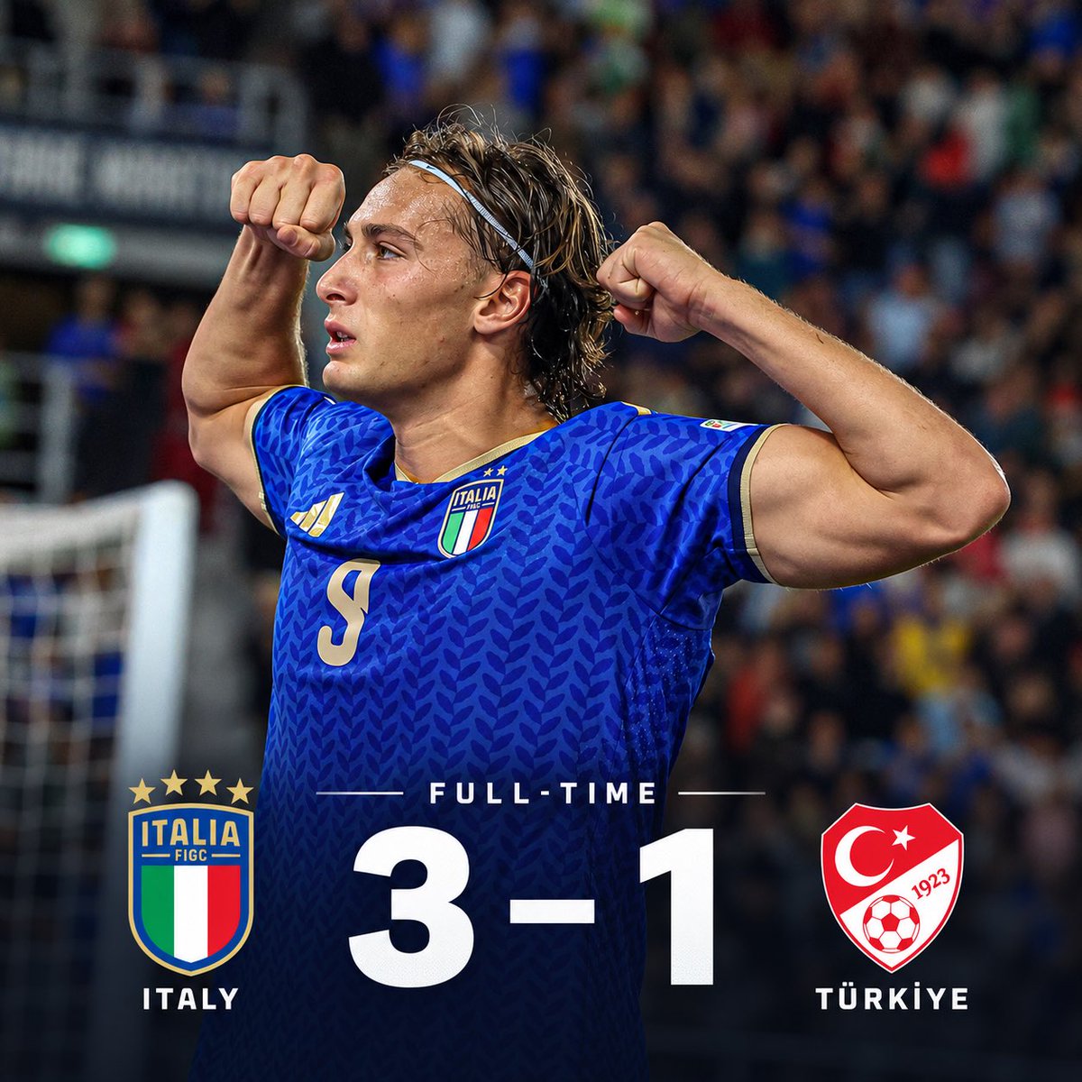 Josepintor80451's tweet photo. 🇮🇹 FULL-TIME: ITALY 3–1 TÜRKİYE 🇹🇷🔥

⚽ Scamacca put Italy ahead
⚽ Şimşir equalized for Türkiye
⚽ Calafiori restored the lead
⚽ Pio Esposito sealed the win late! 💪🔵

The Azzurri climb to second in their Nations League group. 📈🏟️ Who was your player of the match? 👀

🇪🇸 FINAL: ITALIA 3–1 TURQUÍA 🔥

⚽ Scamacca abrió el marcador
⚽ Şimşir empató para Turquía
⚽ Calafiori devolvió la ventaja a Italia
⚽ ¡Pio Esposito sentenció el partido al final! 💪🔵

La Azzurra sube al segundo puesto de su grupo en la Nations League. 📈🏟️ ¿Quién fue tu jugador del partido? 👀