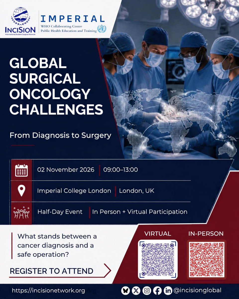 InciSioNGlobal's tweet photo. Join us for Global Surgical Oncology Challenges half-day hybrid event, bringing together experts and professionals to discuss the challenges and future of surgical oncology.
#WHOCC ICL #InciSioN #LGCW2026 https://t.co/RbqUopSQgX