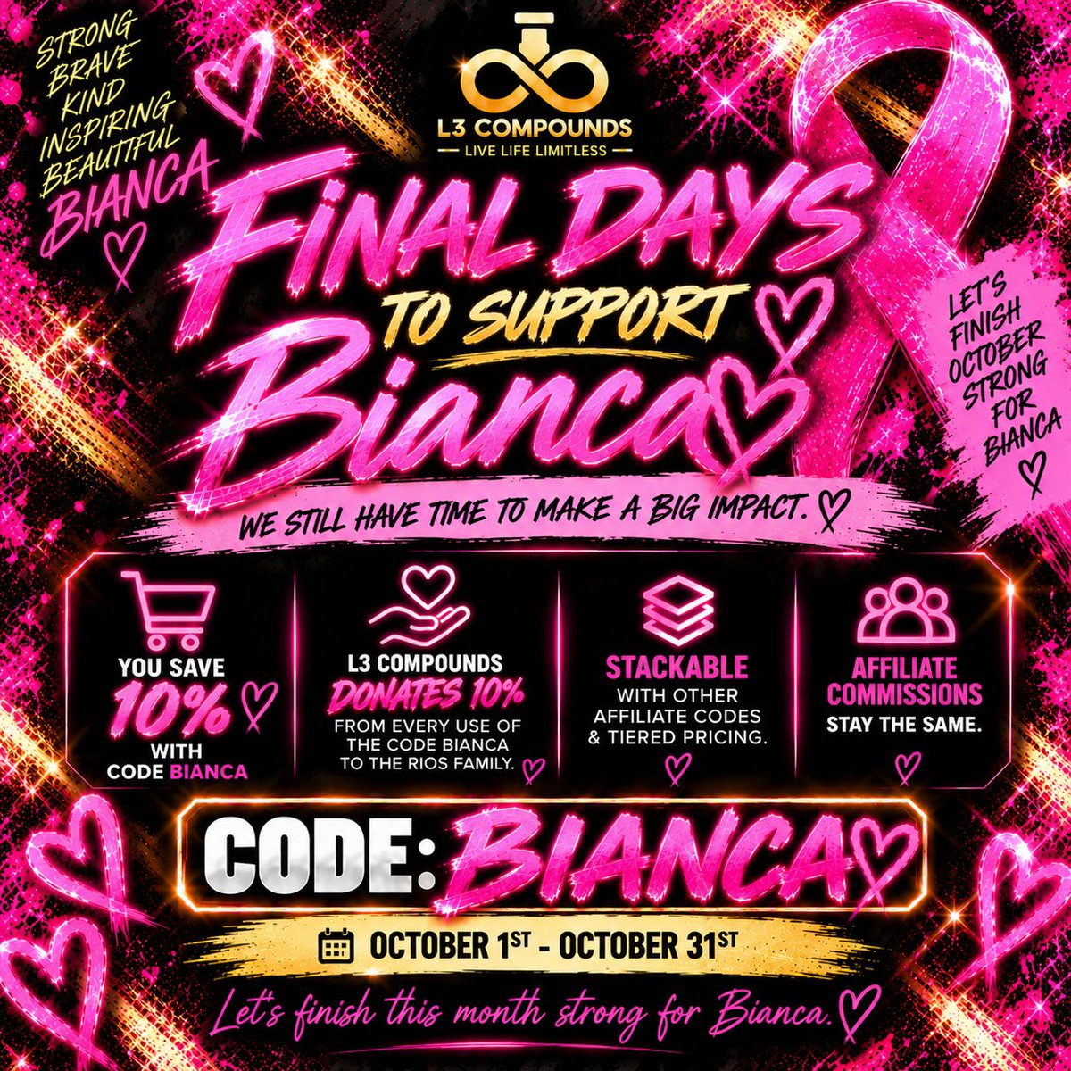 l3compounds's tweet photo. 🩷 Let’s finish October strong for Bianca!

Use BIANCA to save 10%. L3 Compounds donates 10% from each code use to the Rios family.

Stacks with affiliate codes + tiered pricing. Affiliate commissions stay the same.

Ends October 31. #L3ForBianca https://t.co/aGX7kOueX8