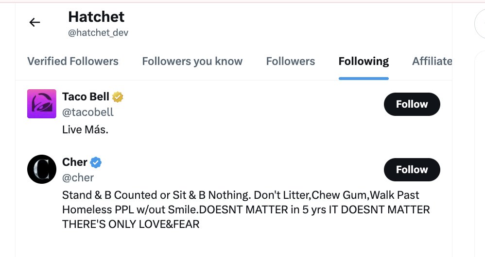 meganeoleary's tweet photo. me, just now: hmm i wonder what accounts the @hatchet_dev account follows

the @hatchet_dev account: https://t.co/Ta1c7YWbcN