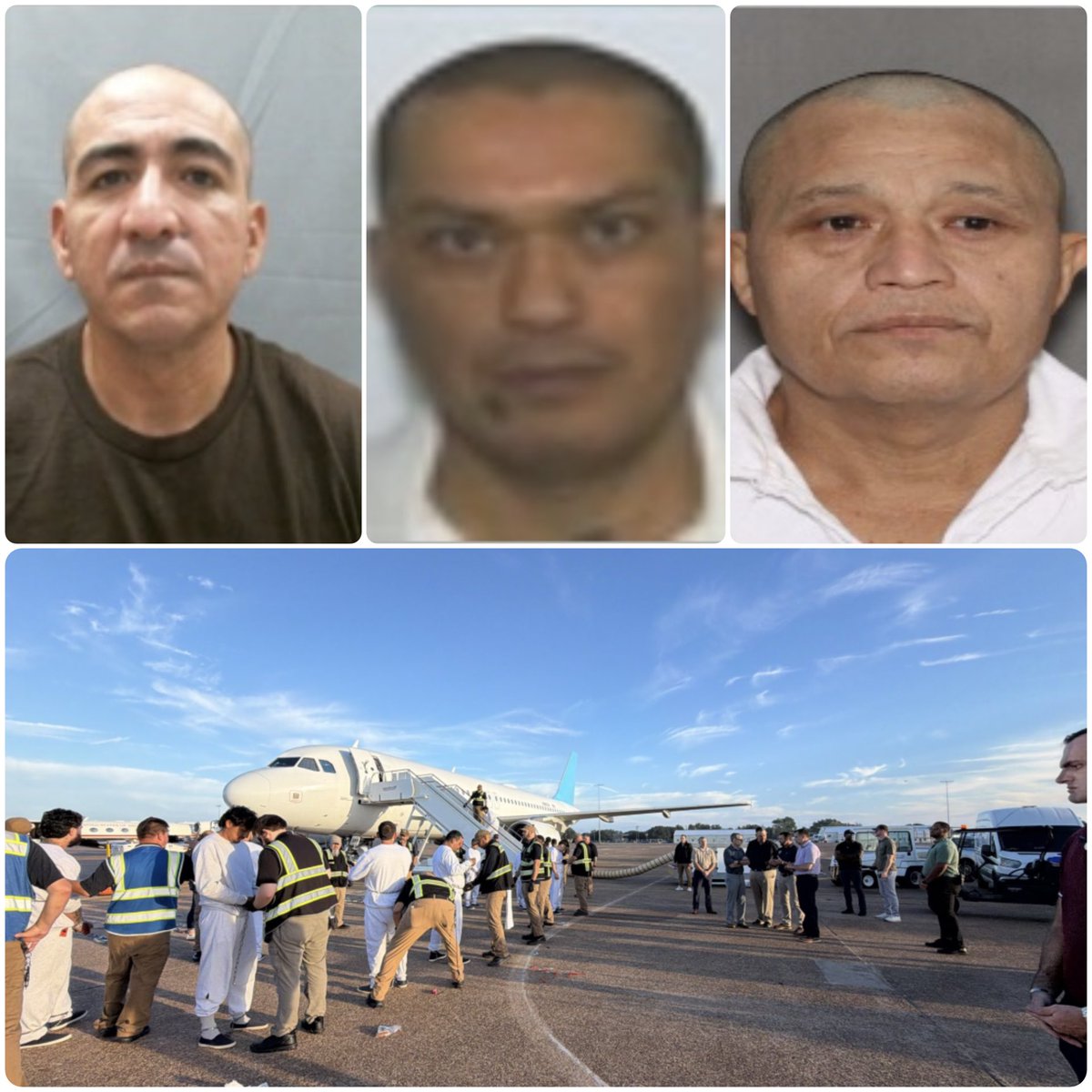 ScottPresler's tweet photo. HOLY COW!

100 illegal aliens were DEPORTED back to El Salvador. 

DHS Secretary Markwayne Mullin observed a deportation flight out of Alexandria, Louisiana, back to El Salvador. 

Among the Salvadoran illegal aliens were convicted murderers, MS-13 gang members, & criminals convicted of indecency w/ children. 

Louisiana & the country are safer today b/c of DHS & ICE. 

Can we publicly thank @DHSgov for its work? 

👏
