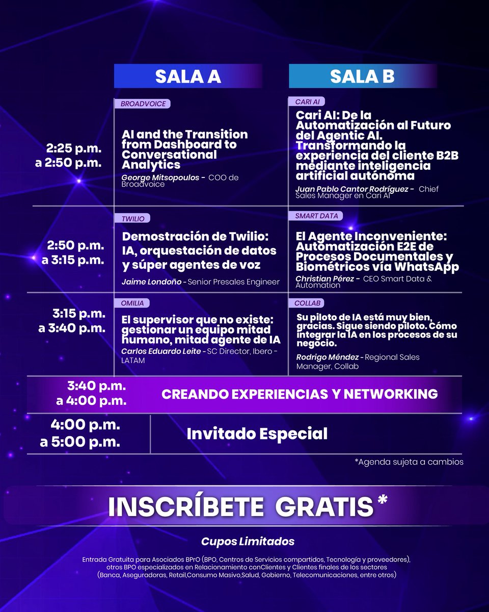 BPrO_org's tweet photo. Conoce la agenda para el Tech Day 2026.

Un día para conectar con expertos, descubrir nuevas tecnologías y conocer las ideas que están transformando la experiencia del cliente y la operación de las empresas.

IA, automatización, analítica, ciberseguridad, innovación y mucho más serán parte de esta jornada pensada para aprender, conectar y anticiparnos a lo que viene.

📅 20 de octubre
📍 Centro Empresarial El Cubo

Guarda la fecha, revisa la agenda e inscríbete aquí: https://t.co/MHgFraA6Kw