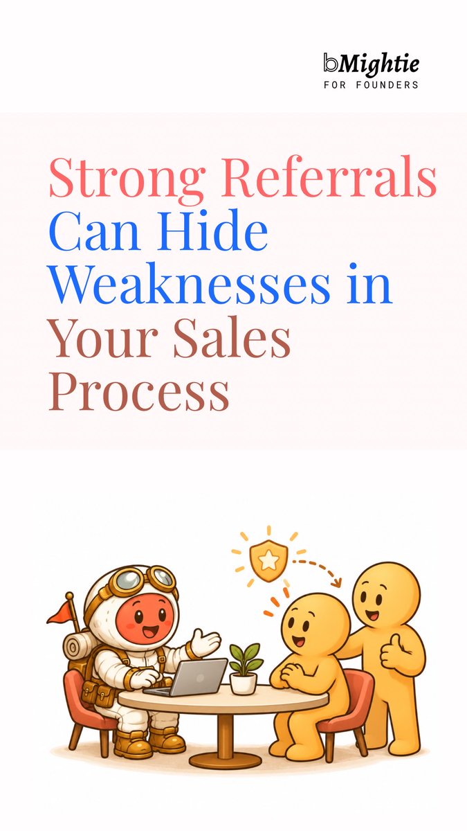 A promotional graphic from 'Mightie FOR FOUNDERS' with text 'Strong Referrals Can Hide Weaknesses in Your Sales Process' alongside an illustration of an astronaut and two yellow characters at a table.