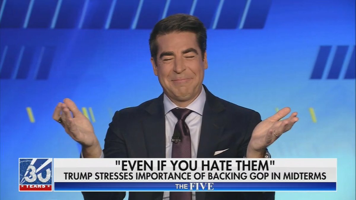 A Fox News host reacts with a closed-eye grimace and raised hands on "The Five" segment, with a chyron reading "EVEN IF YOU HATE THEM: TRUMP STRESSES IMPORTANCE OF BACKING GOP IN MIDTERMS," illustrating his comedic justification for supporting flawed Republican candidates like Ken Paxton and Vivek Ramaswamy.