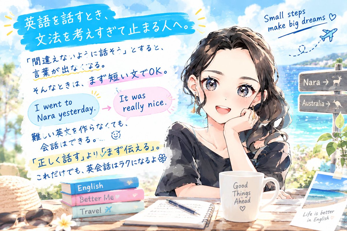 tomoima20221's tweet photo. 英語を話す時、文法を考えすぎて止まる人へ

「間違えないように」と意識すると言葉が出なくなる

そんなときは、まず短い文でOK
I went to Nara yesterday
↓
 It was really nice
難しい英文を作らなくても、会話はできる
「正しく話す」より「まず伝える」
これだけでも、英会話はラクになるよ🍀 https://t.co/lFxpWGAeCq