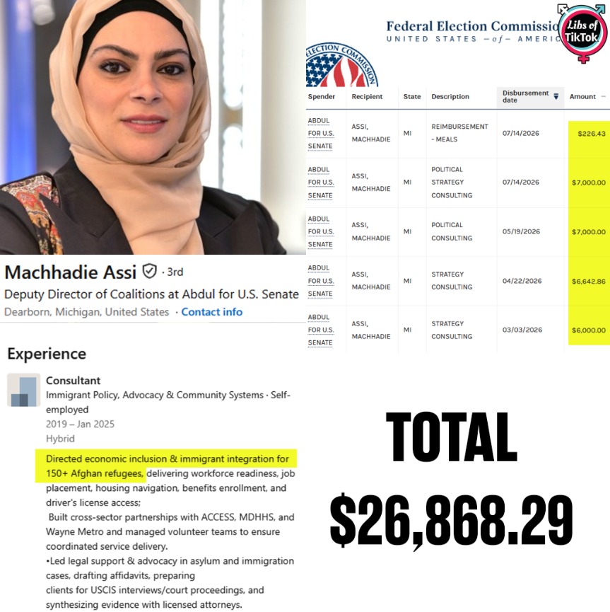 libsoftiktok's tweet photo. Meet Machhadie Assi, a Muslim political operative working for the Abdul El-Sayed campaign.

According to her LinkedIn page, Assi's "consulting" work consisted of helping import "Afghan refugees" into the United States.

The El-Sayed campaign paid her at LEAST $26,800 this year alone.

This is what El-Sayed stands for. Importing muslims to take over America.