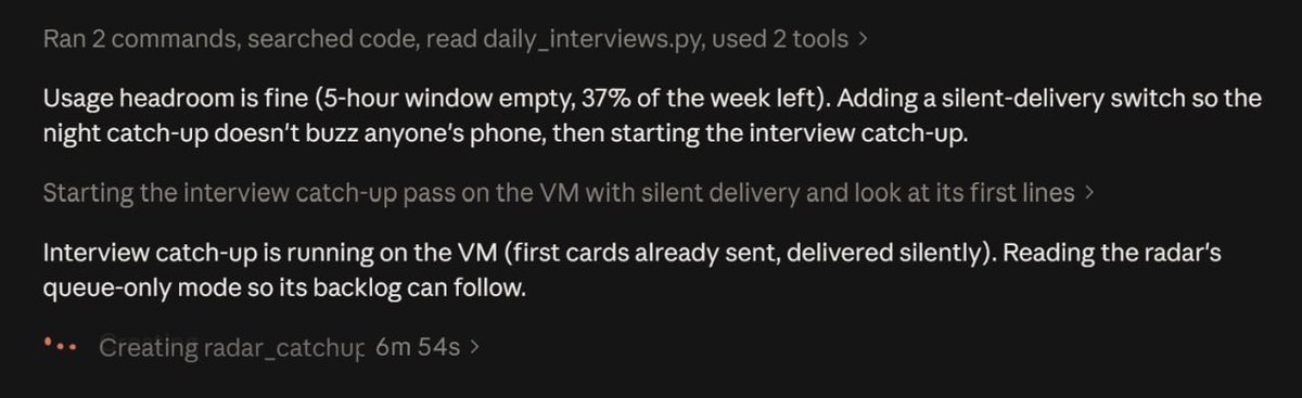 Abhijit690's tweet photo. Sometimes Claude can feel really human. It was concerned on sending texts overnight to the investment team and automatically switched on some silent mode out of concern to send these texts (which were basically YT interview summaries) overnight.. https://t.co/t1BDybpGSo