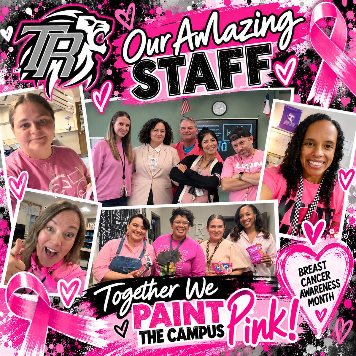 RandleHS's tweet photo. Our amazing Randle staff is painting the campus PINK! 💗🎀 Together, we stand in support of Breast Cancer Awareness Month! 🩷

#WeAreGameChangers #WeAreLamarCISD #RandleLions #BreastCancerAwareness https://t.co/K3w3Y7uDMc