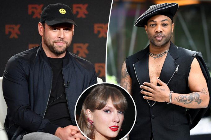 The image is a composite photo showing Scooter Braun in a black jacket and cap (with an FX logo backdrop) on the left, another man in a black sleeveless vest and tricorn hat on the right, and Taylor Swift in a small circular inset at the bottom center wearing red lipstick. The visual relates to the post about Scooter Braun mending his friendship with a former client years after his controversial fallout with Taylor Swift over her masters.