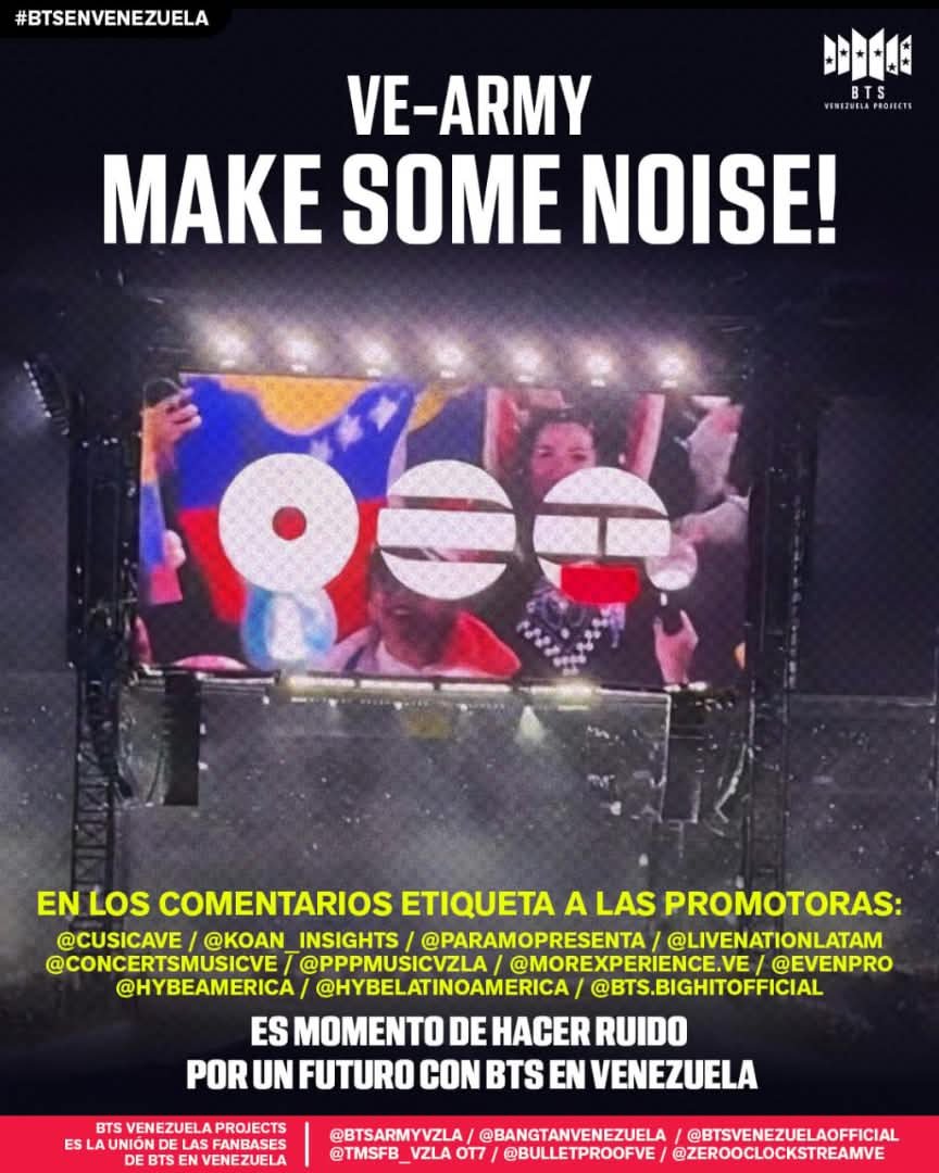 btsvzlaprojects's tweet photo. ¡ARMYS de Venezuela! 🇻🇪 Hagamos lo que mejor sabemos hacer, es decir ¡Es momento de mencionar! ✨Que nuestra voz sea fuerte y audible incluso cuando es escrito. 🔊🔊🔊
La petición es clara: ARMY hay de sobra ¡Y queremos hacerlo saber a las promotoras de eventos del país! 🇻🇪✨💜 https://t.co/VbdEy0qaCi