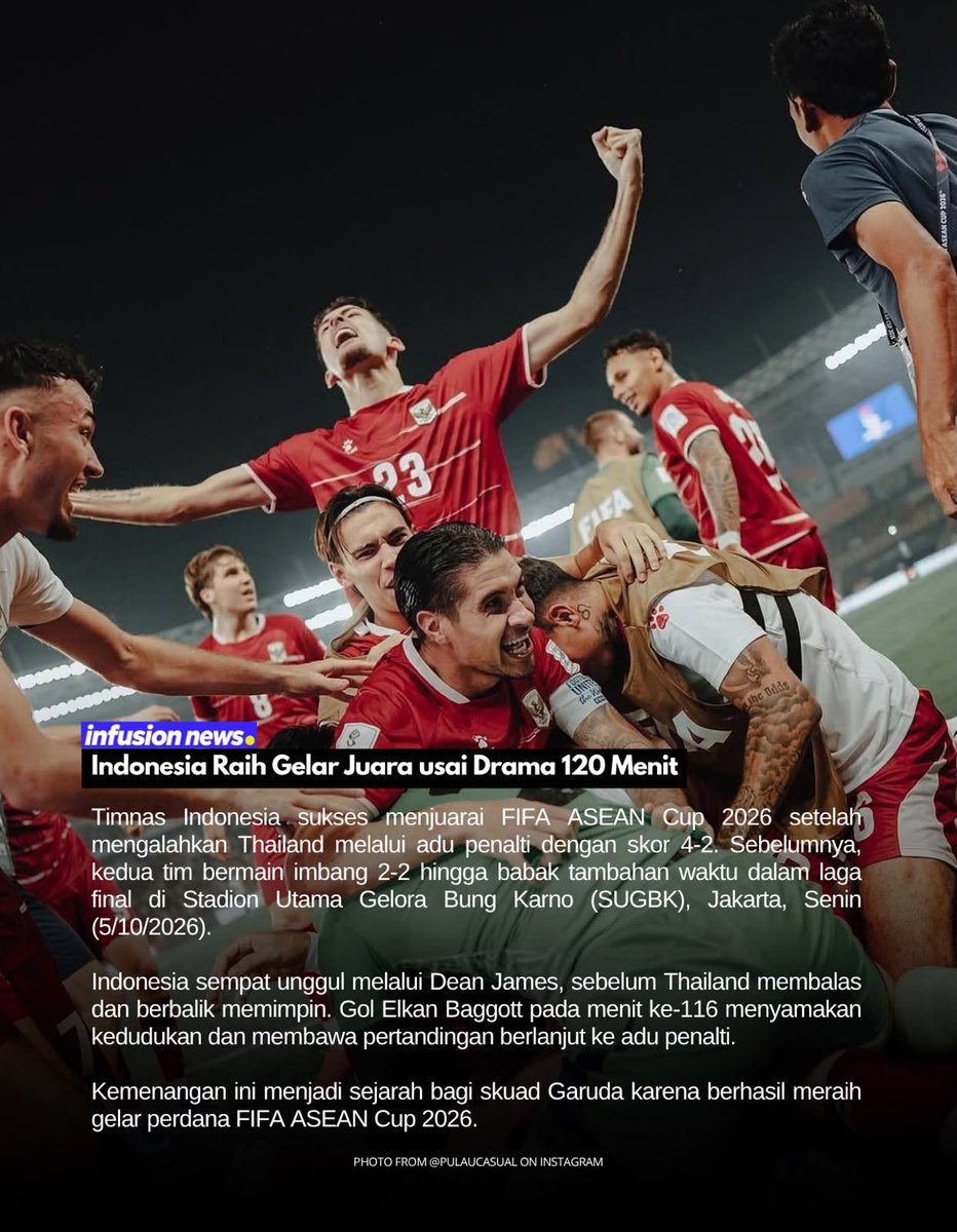 Infusionet's tweet photo. Timnas Indonesia resmi menjadi juara FIFA ASEAN Cup 2026⚽️🎊 #InfusionNews https://t.co/vnHwkMqCUi