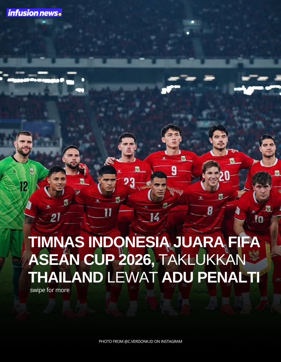 Infusionet's tweet photo. Timnas Indonesia resmi menjadi juara FIFA ASEAN Cup 2026⚽️🎊 #InfusionNews https://t.co/vnHwkMqCUi