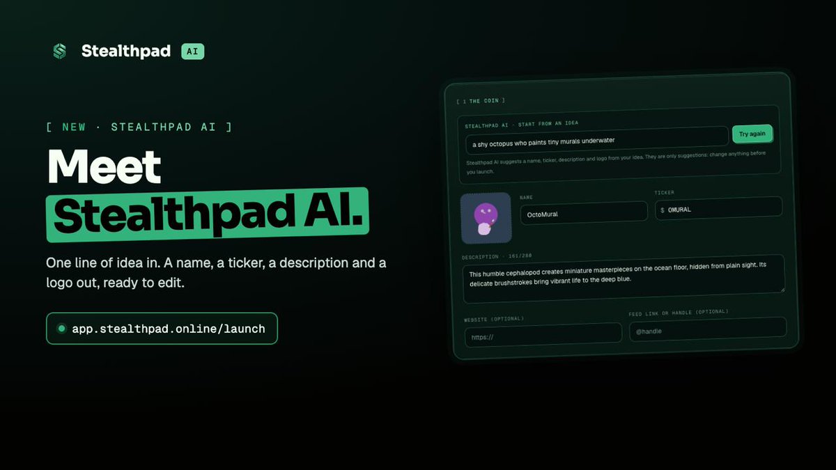 stealthpadRH's tweet photo. Meet Stealthpad AI.

Type one line about the coin you want to launch. Stealthpad AI suggests a name, a ticker, a description and a logo, and fills the launch form for you.

You change whatever you like, then launch. $STEALTH

https://t.co/JG8dMSWkNH

0xe073f0262b0cb1f55bc15229729750cd7bba236a