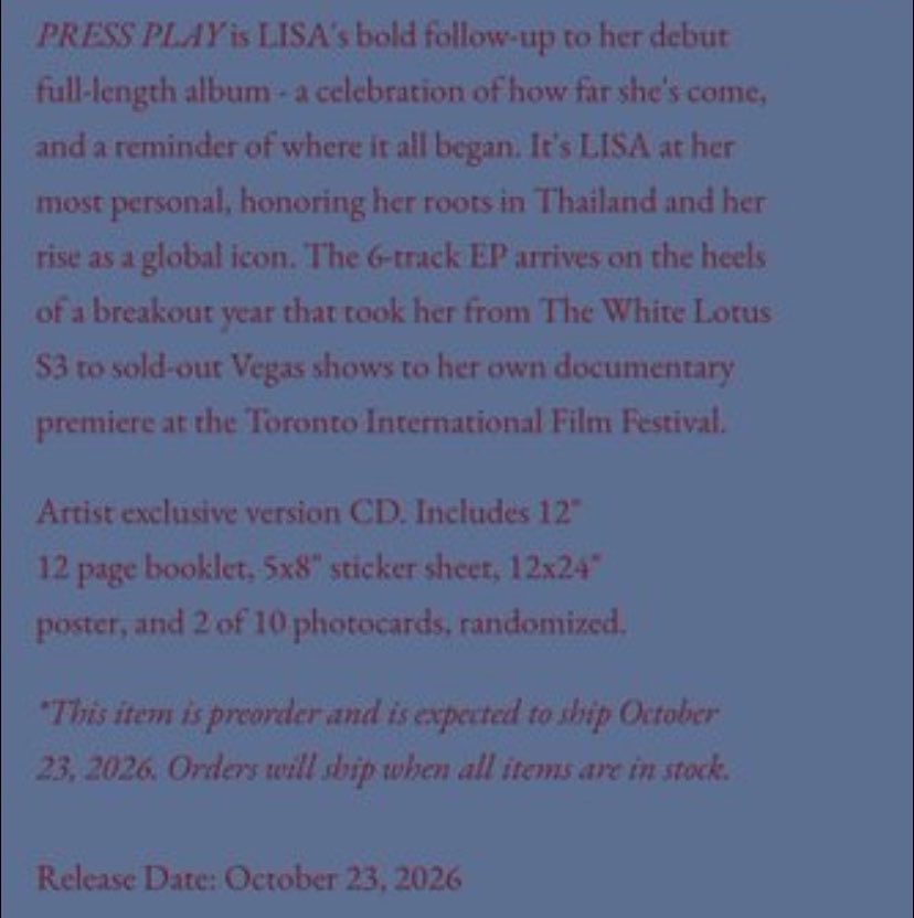 AuroraBlkk's tweet photo. PRESS PLAY is the bold release that follows up on LISA's debut album, a celebration of everything she's achieved so far and a reminder of where it all began.

It's LISA in her most personal form, paying homage to her roots in Thailand and her rise as a global icon. https://t.co/fMiNkiq7yG