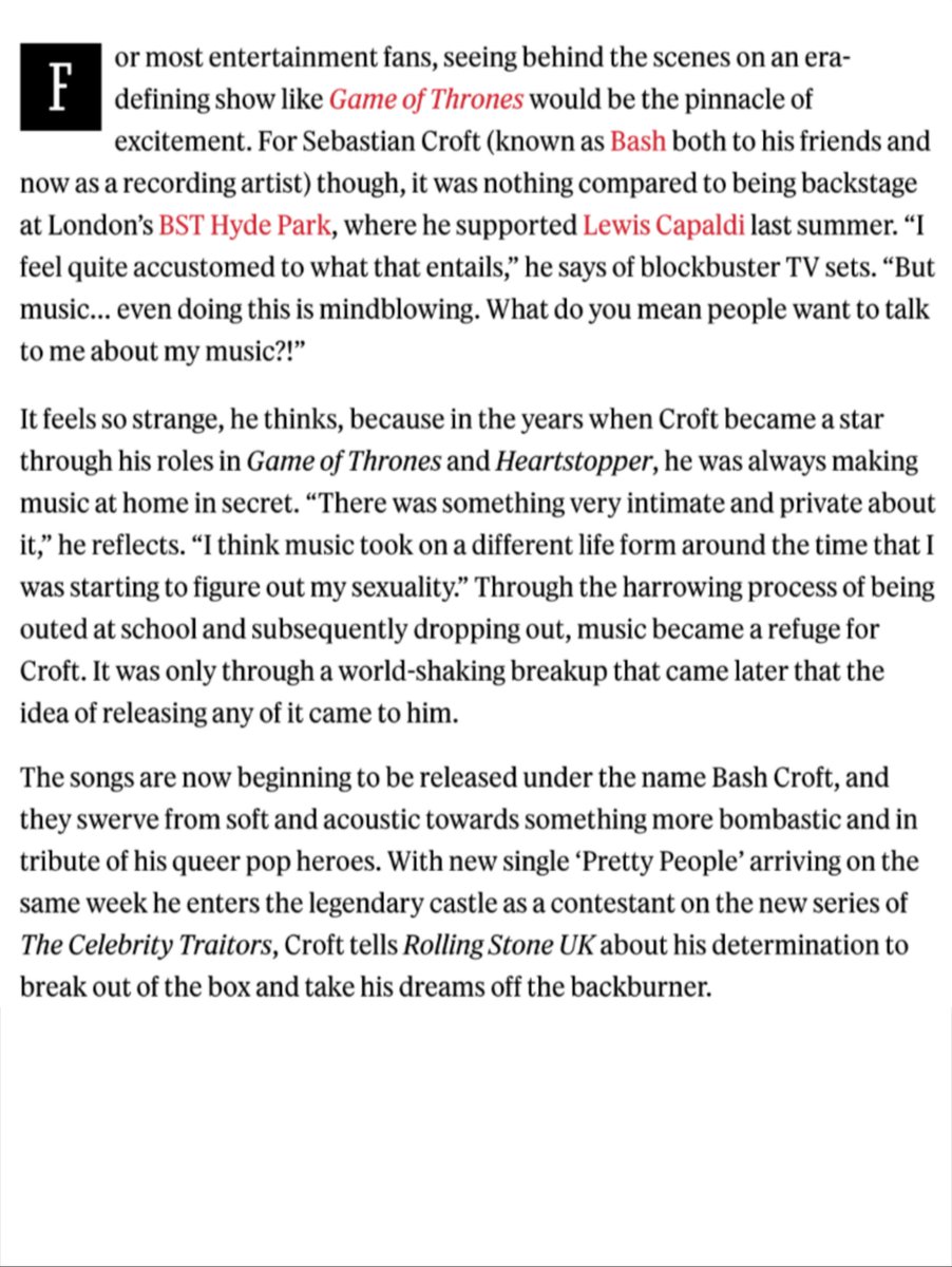 BashcroftMx's tweet photo. Sebastian Croft talks to Rolling Stone UK about his journey into pop music, his new single “Pretty People”, and joining The Celebrity Traitors
Full interview:
https://t.co/G3ugnuZ3y8 https://t.co/dcVKfRBLfC