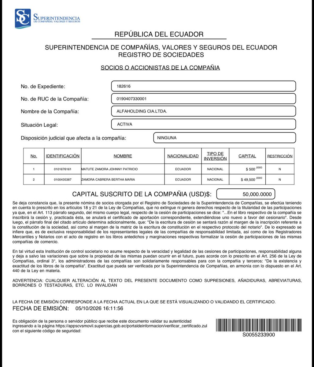 JoseJulioNeira's tweet photo. Alcalde prófugo, las evidencias hablan por sí solas:

Si por Alohaholding te refieres a ALFAHOLDING, como indico en el video, tus familiares sí están involucrados: Bertha María Zamora Cabrera y Johnny Patricio Matute Zamora. Este último también está inmiscuido en ISMOVID junto a Bertha Alexandra Matute Zamora.

Y en LA RIOJA vuelve a aparecer: Johnny Patricio Matute Zamora, junto a Pablo Andrés Matute Zamora y Carlos Rodrigo Matute Cordero.

Con respecto a EL HIERRO, tus familiares también son accionistas; adjunto pruebas y tan solo una de las cientos de facturas donde se demuestra cómo esta compañía facturaba con el Consorcio El Valle, que construyó el Hospital Municipal El Valle.

Para el resto de tus patadas de ahogado, tendrás que responder ante @FiscaliaEcuador, que es el ente competente. 

Te recomiendo que regreses al país y des la cara.
@czamoramatute