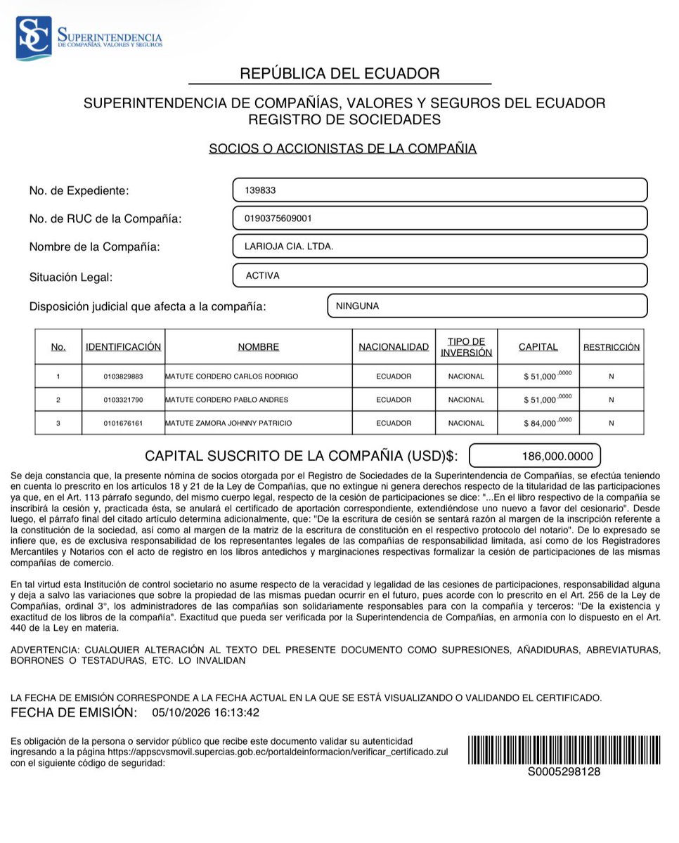 JoseJulioNeira's tweet photo. Alcalde prófugo, las evidencias hablan por sí solas:

Si por Alohaholding te refieres a ALFAHOLDING, como indico en el video, tus familiares sí están involucrados: Bertha María Zamora Cabrera y Johnny Patricio Matute Zamora. Este último también está inmiscuido en ISMOVID junto a Bertha Alexandra Matute Zamora.

Y en LA RIOJA vuelve a aparecer: Johnny Patricio Matute Zamora, junto a Pablo Andrés Matute Zamora y Carlos Rodrigo Matute Cordero.

Con respecto a EL HIERRO, tus familiares también son accionistas; adjunto pruebas y tan solo una de las cientos de facturas donde se demuestra cómo esta compañía facturaba con el Consorcio El Valle, que construyó el Hospital Municipal El Valle.

Para el resto de tus patadas de ahogado, tendrás que responder ante @FiscaliaEcuador, que es el ente competente. 

Te recomiendo que regreses al país y des la cara.
@czamoramatute
