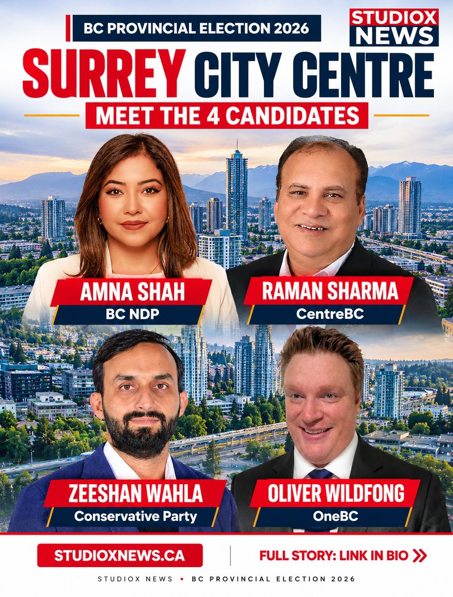 studioxnews's tweet photo. SURREY CITY CENTRE 

4 candidates are seeking your vote:

Amna Shah — BC NDP
Raman Sharma — CentreBC
Zeeshan Wahla — Conservative Party
Oliver Wildfong — OneBC

Follow StudioX News for Surrey election coverage.
#BCElection2026  @bcndp  @VoteCentreBC @One_BCHQ  @Conservative_BC https://t.co/6GStyPi8a8
