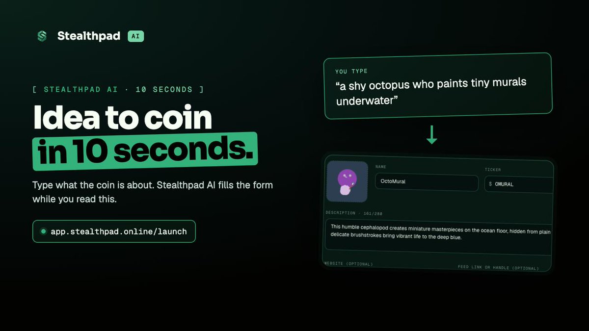 stealthpadRH's tweet photo. "a shy octopus who paints tiny murals underwater"

Ten seconds later: OctoMural, $OMURAL, a description and a purple octopus logo, ready on the launch page.

From idea to coin in ten seconds with Stealthpad AI. $STEALTH https://t.co/arOLuFNIKd