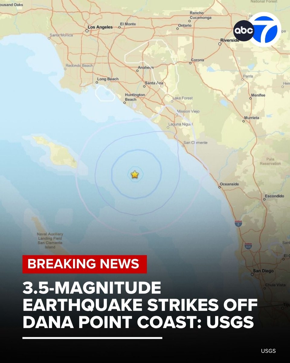 ABC7's tweet photo. Did you feel it?

A preliminary 3.5-magnitude earthquake struck about 19 miles southwest of Dana Point in Orange County at 1:22 p.m., according to the USGS.

Read more at https://t.co/HwsznQZ4P2 https://t.co/ZOxuXMwafx
