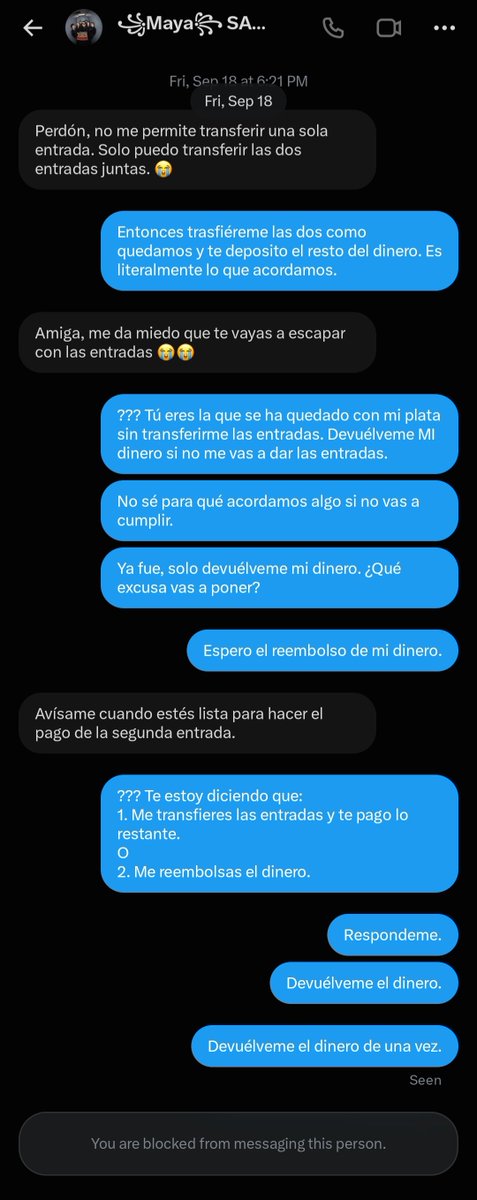 unlostreality's tweet photo. Con esta persona quedamos en que en videollamada, compartiendo pantalla, le pagaría una, me enviaba dos entradas y le terminaría de pagar. Nunca me mandó nada y encima me insulta por advertirles a otras army que es una estafadora @heymaya23. https://t.co/OtcwHVbtRZ