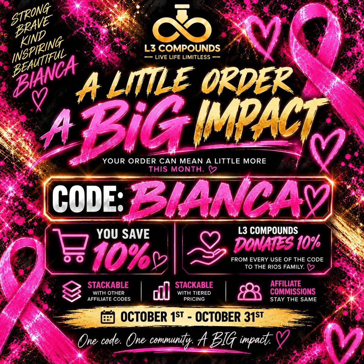 l3compounds's tweet photo. Your next order can help support Bianca &amp; her family. 🩷

Use BIANCA for 10% off. L3 Compounds donates 10% from each code use to the Rios family.

Stacks with affiliate codes + tiered pricing through October 31.

One community. #L3ForBianca https://t.co/65jzsnIh0j