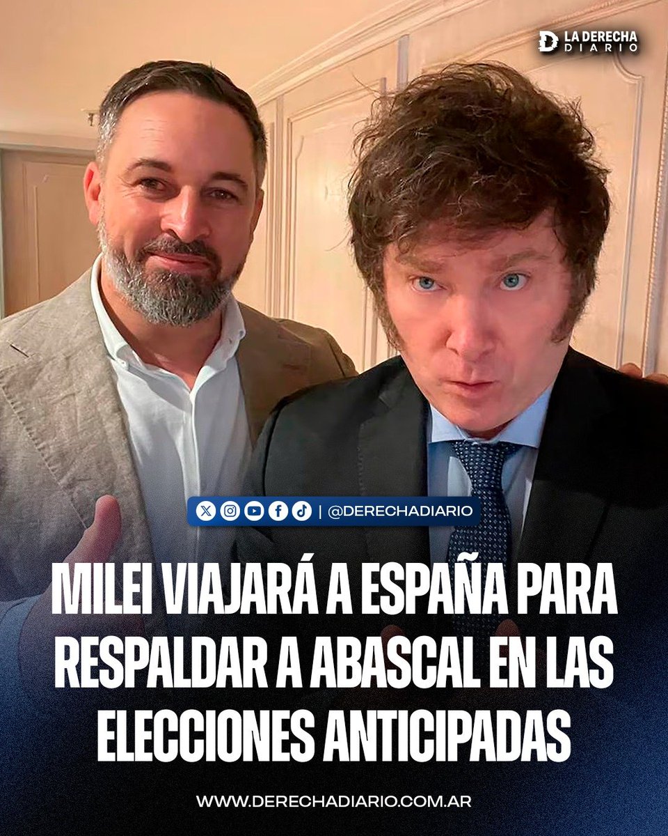 laderechadiario's tweet photo. 🚨🇦🇷🇪🇸 | LA DERECHA SEA UNIDA: El presidente Javier Milei viajará a España para respaldar al candidato derechista Santiago Abascal de cara a las elecciones anticipadas convocadas por el corrupto Pedro Sánchez para el 29 de noviembre. https://t.co/y0yvEyVCHk