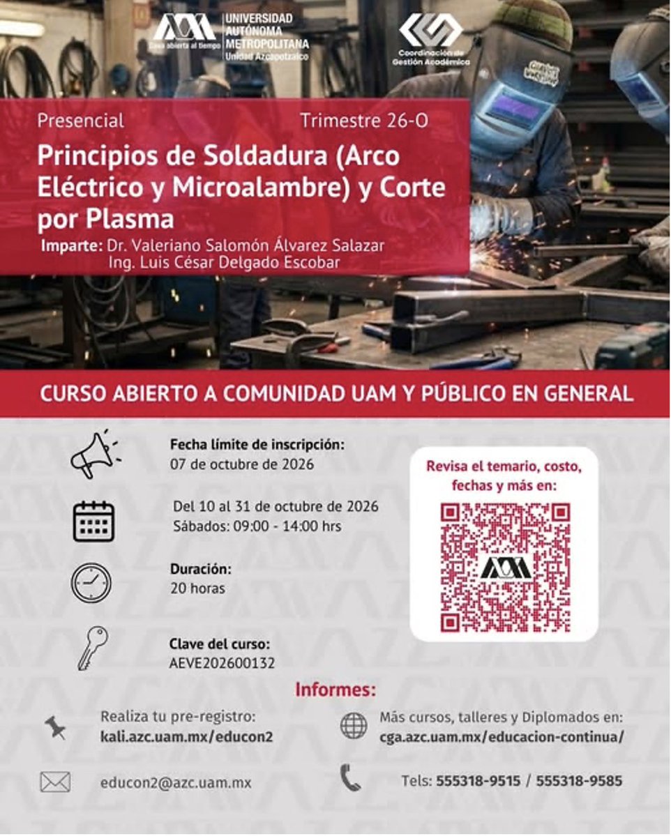 alephUAM_A's tweet photo. 🔎 Consulta detalles en la página del curso👇
💻 https://t.co/QcIzIBxBIf
📧educon2@azc.uam.mx
#CGA #UAMAzcapotzalco #Soldadura #FormaciónTécnica#EducaciónContinua https://t.co/FtQmNjiNuB