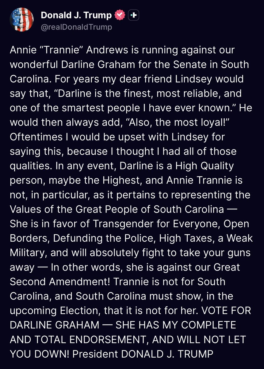 nicksortor's tweet photo. 🤣🔥 President Trump is now calling Darline Graham’s opponent Annie Andrews “TRANNlE Andrews”

You know, I can DEFINITELY see it 😂 https://t.co/Ti5L757ESG