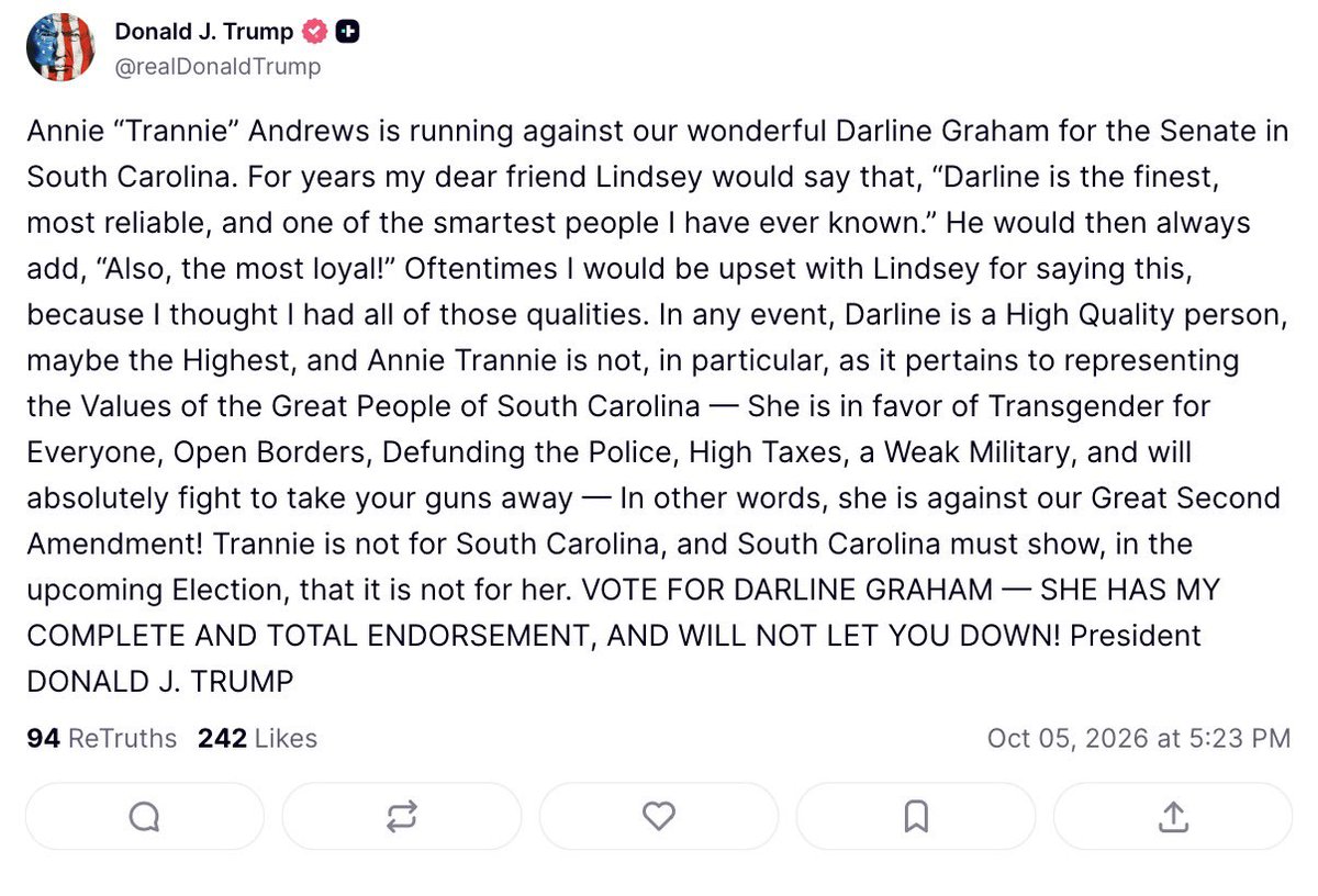 PollTracker2024's tweet photo. #SouthCarolinaSenate 

President Trump nicknames Annie Andrews “Annie Trannie Andrews” https://t.co/3tJzbGf8NQ