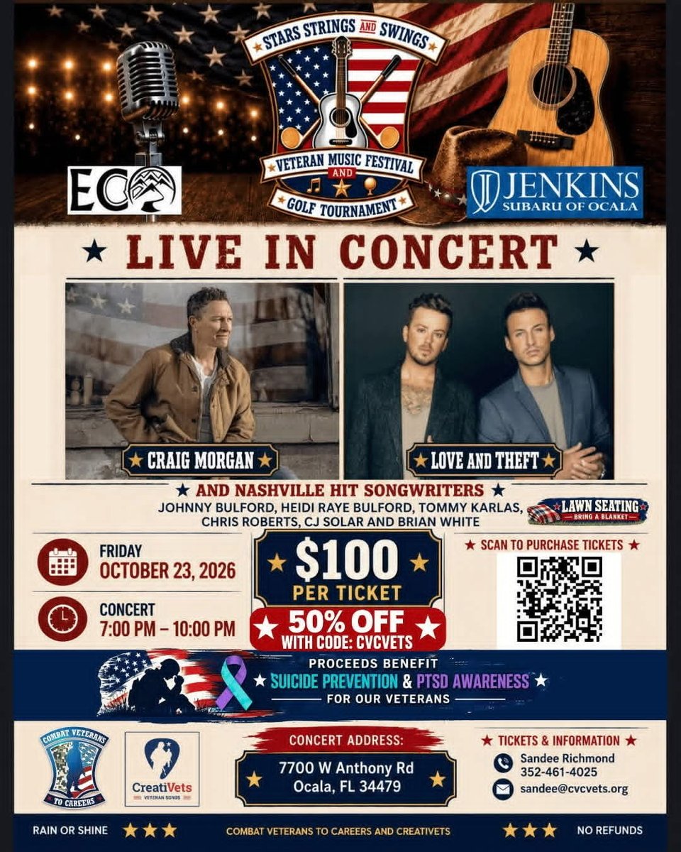 CJSolar's tweet photo. Excited to be joining the Stars, Strings and Swings Veteran Music Festival alongside friends @johnnyandheidi @tommykarlas @bwtunes @chrisrobertsofficial @loveandtheft &amp; @craigmorgan Friday October 23rd!! If you’re in the Ocala/Orlando area we hope to see ya there!! https://t.co/McD6bsU1n5