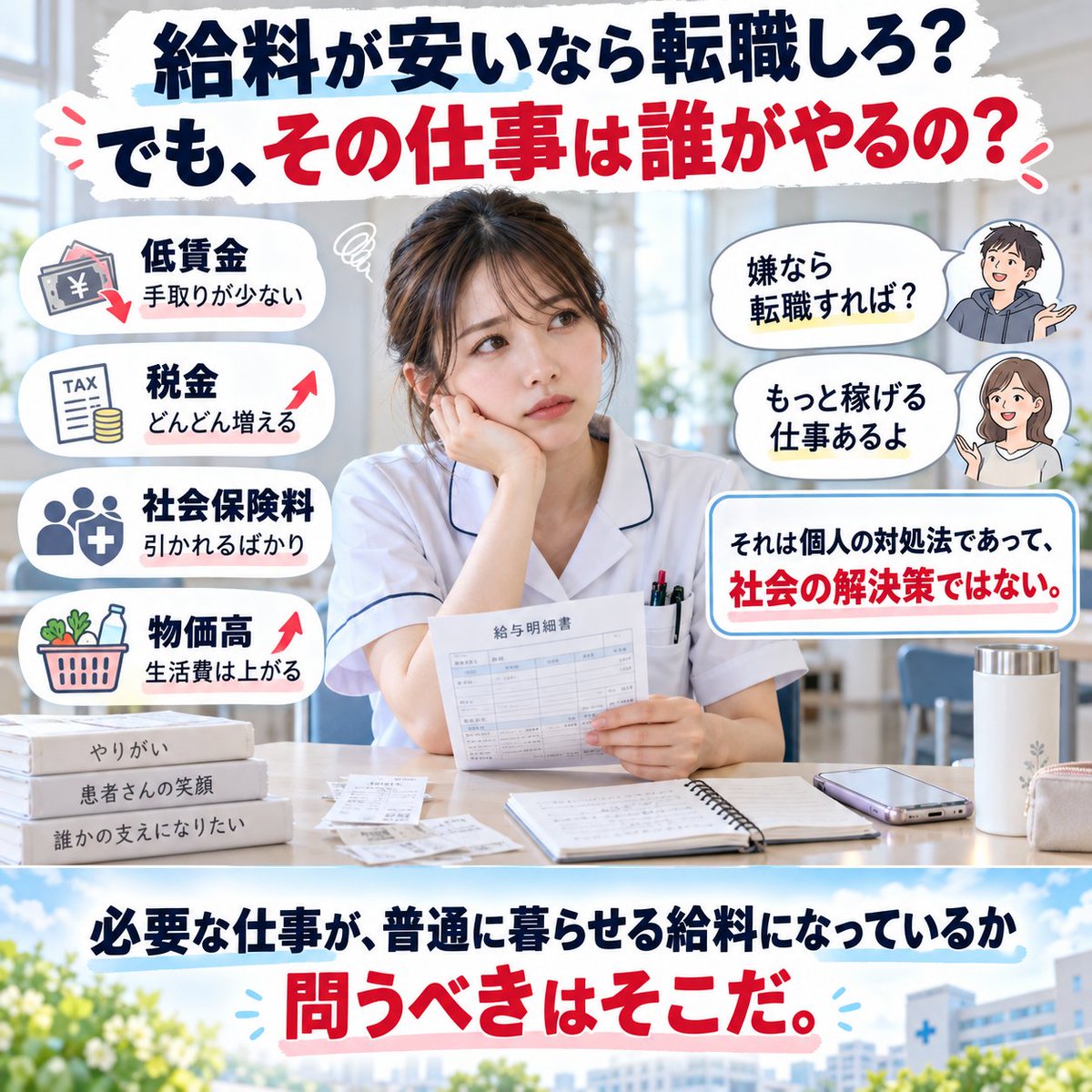 kuromusou's tweet photo. 「給料が安いなら転職すればいい」
でも、それは個人の逃げ道であって社会の解決策ではない。必要な仕事は誰かがやる。低賃金のままさらに税金・社会保険料で手取りが減る構造を放置して働く人だけ入れ替えても何も変わらない。問うべきは「転職しろ」ではなく「働���ば普通に暮らせる仕組みか」では？ https://t.co/VGObYAlvRE