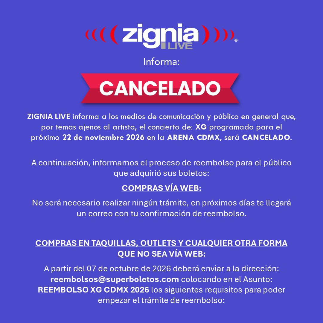 ArenaCdMexico's tweet photo. 🚨 Comunicado 🚨

Al público en general y a los medios de comunicación, les informamos que el concierto de XG en la #ArenaCDMX ha sido CANCELADO.

Conoce más detalles a continuación ⬇️ https://t.co/GvD9ZhWeB1