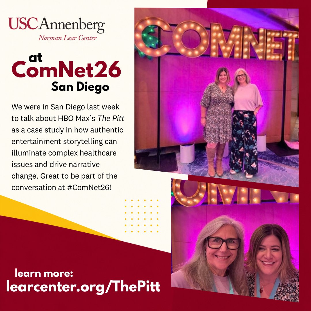 LearCenter's tweet photo. At #ComNet26 Lear Center Research Director Erica Rosenthal and @HollywoodHealth Director Kate Folb shared HBO Max's The Pitt as a case study in how authentic entertainment storytelling can illuminate complex health issues and drive narrative change. More: https://t.co/0a0EHleA6A https://t.co/teKj5KmIar