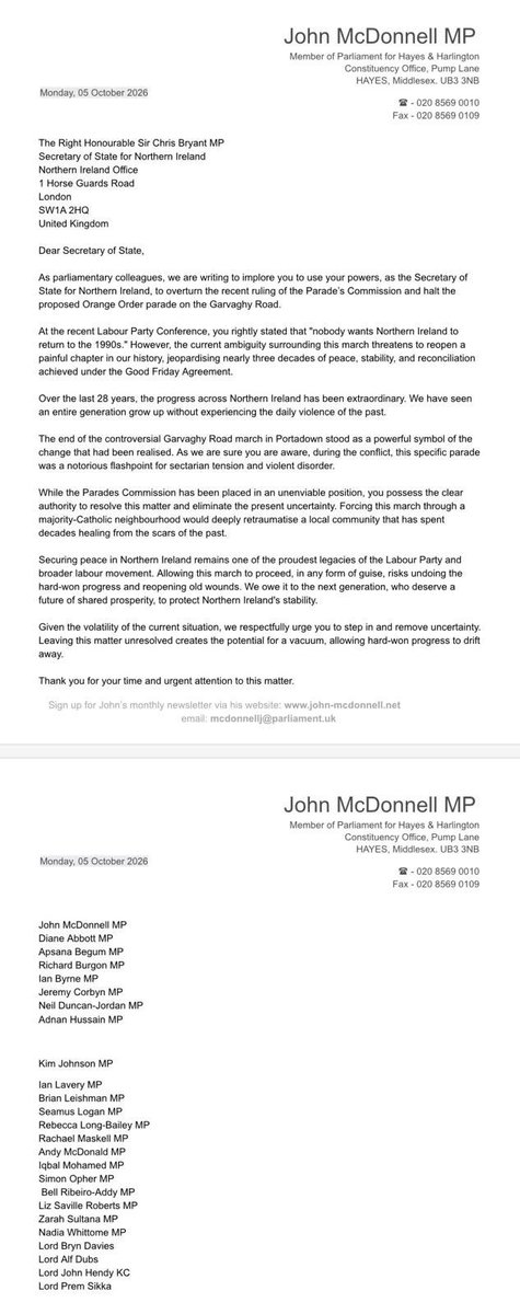 johnmcdonnellMP's tweet photo. Along with several MPs on a cross party basis I have written to Chris Bryant, Secretary of State for Northern Ireland, to intervene to halt the proposed Orange Order march in the Garvaghy Road to avoid this issue causing further harm to the community overall. https://t.co/CX1ui4rWip