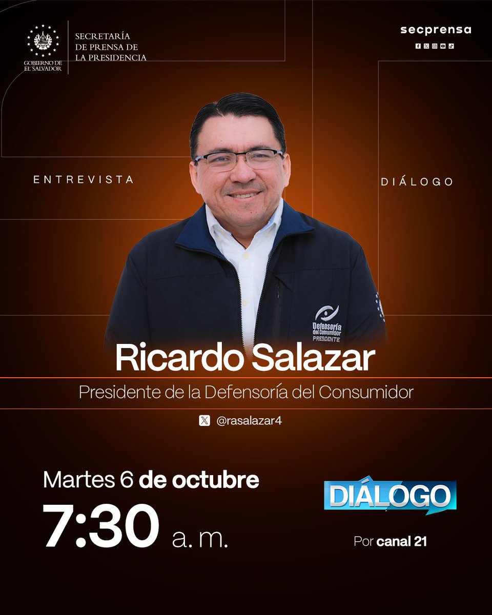 SecPrensaSV's tweet photo. El presidente de la @Defensoria_910, Ricardo Salazar (@rasalazar4), participará en la entrevista de @dialogo21. Sintonícela a las 7:30 a. m. por la señal de Canal 21. https://t.co/tDIG3Mxgcp