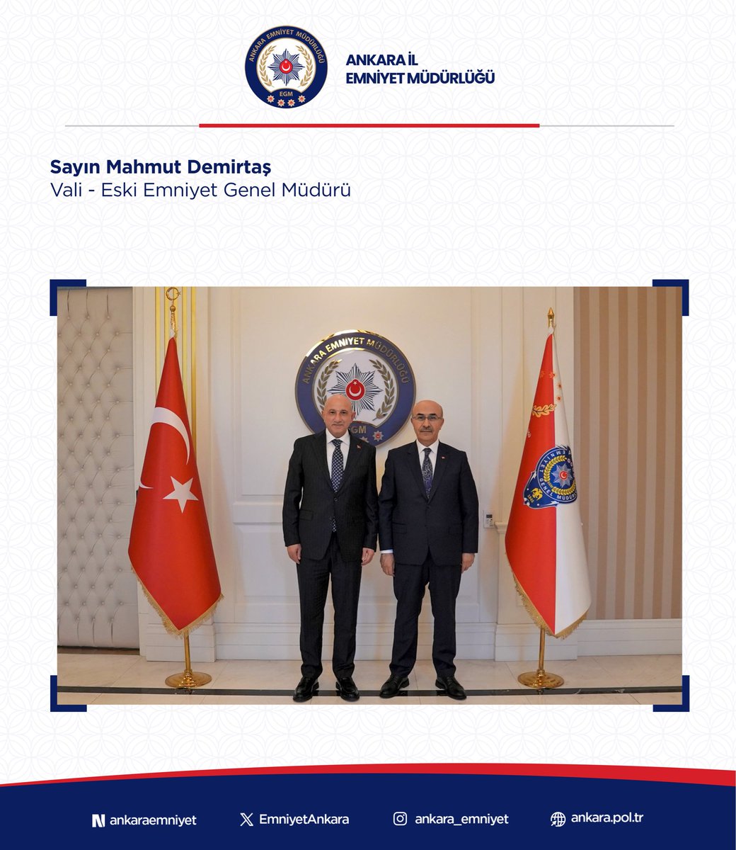 Maksutyuksek's tweet photo. Vali - Eski Emniyet Genel Müdürü Sayın Mahmut Demirtaş'ı Ankara İl Emniyet Müdürlüğümüzde ağırlamaktan memnuniyet duydum.

Nazik ziyaretleri için kendilerine şükranlarımı sunuyorum. https://t.co/EhCIyUDKsY