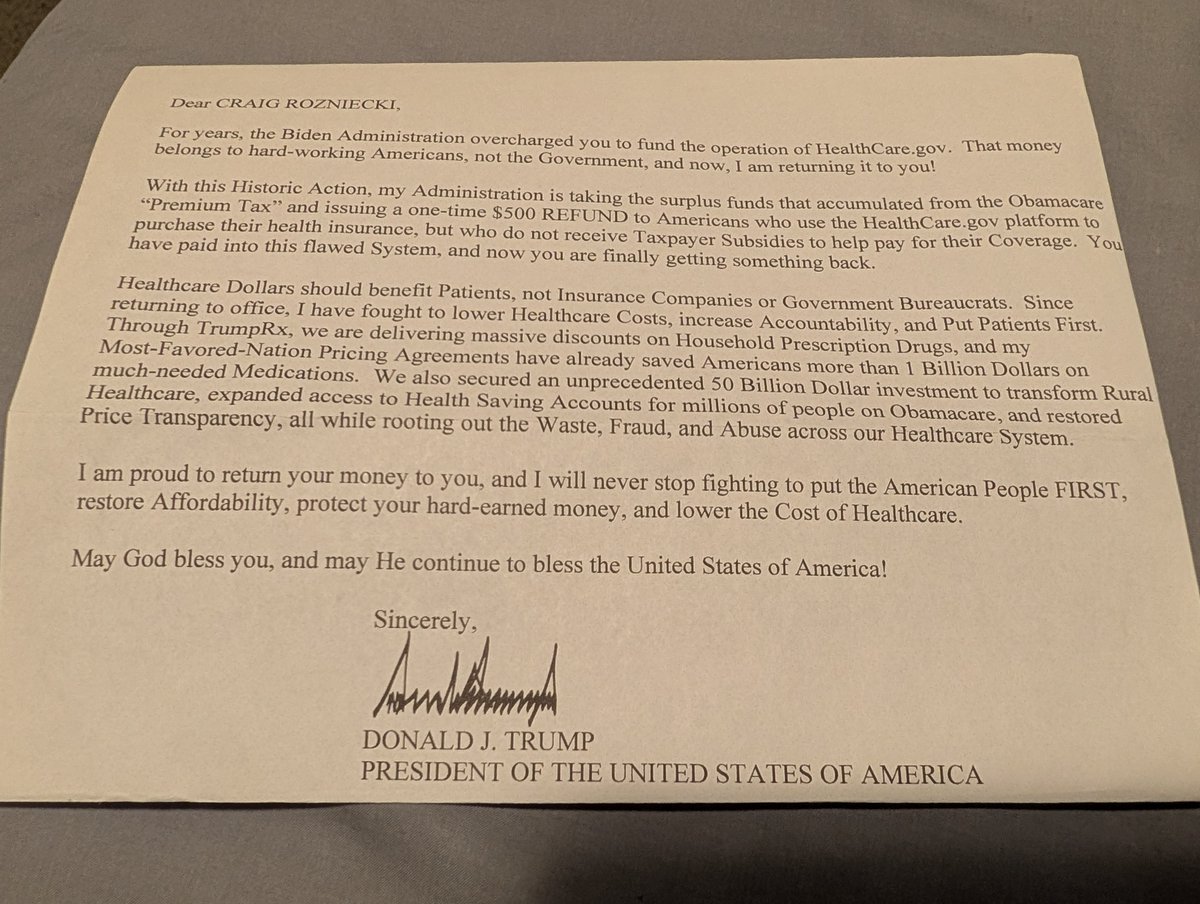 CraigRozniecki's tweet photo. So, I received this letter and check today. Thanks, Traitor-in-Chief; I'm going to use the funds to help Democrats win the midterm elections. 
#VoteBlue https://t.co/2Lf2TyU268