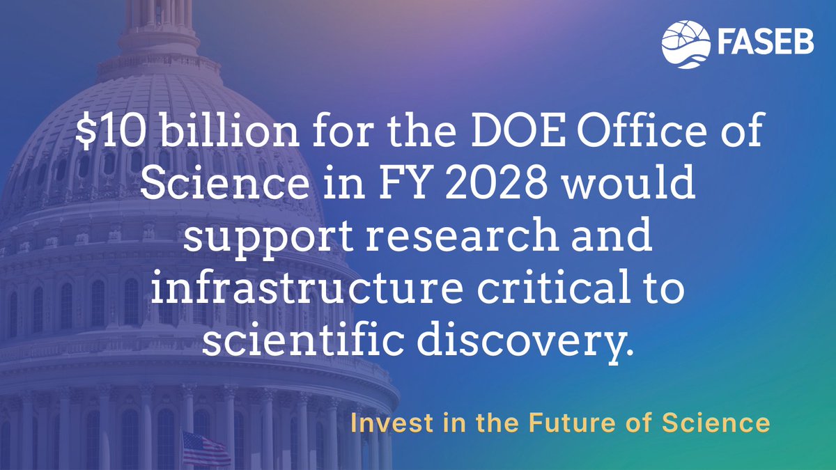 FASEBorg's tweet photo. 📢 FASEB supports the Energy Sciences Coalition’s call for at least $10B for the DOE Office of Science in FY 2028, plus up to $5B in supplemental or unobligated funds to advance foundational research, infrastructure, biotechnology, AI, quantum science & more. View the statement: https://t.co/fksqy4hlWs
