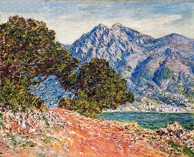 TOPofARTcom's tweet photo. Orange earth, near-black trees, a mountain made of violet and white strokes. In Cap Martin (1884), Claude Monet let the Riviera sun push his color hotter than Normandy ever allowed, and the paint still seems to shimmer. #Monet #Impressionism https://t.co/O6DQqFYFJQ