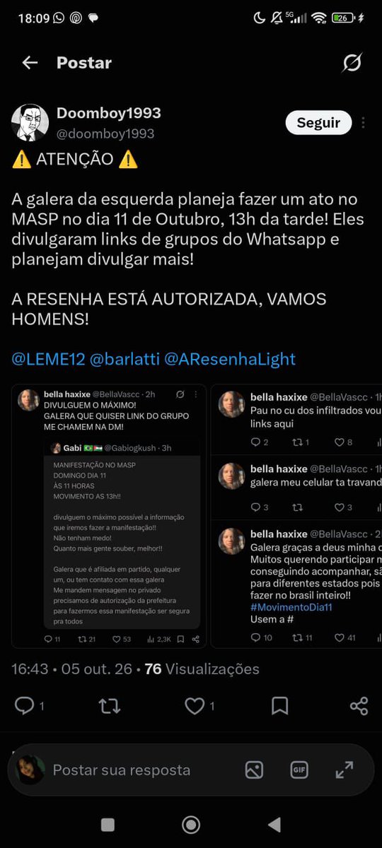 BellaVascc's tweet photo. JÁ ESTÃO PLANEJANDO ATAQUES CONTRA NÓS #MovimentoDia11 https://t.co/1282xgHo7F