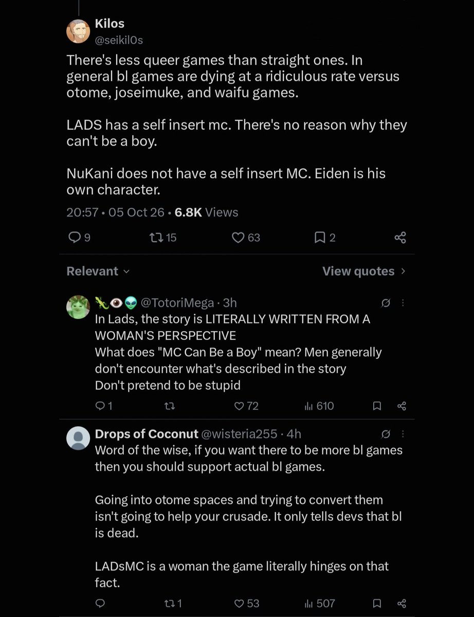 lemonwxo's tweet photo. So funny when others point out, "xxx is a BL game, it doesn't need a female MC," nobody says it's misogynistic.

But if you say, "Lads is an "otome" game, a genre made for women, and it doesn't need a male MC," you are homophobic, queerphobic, transphobic, etc hundreds of things. https://t.co/mFjn2UilV8