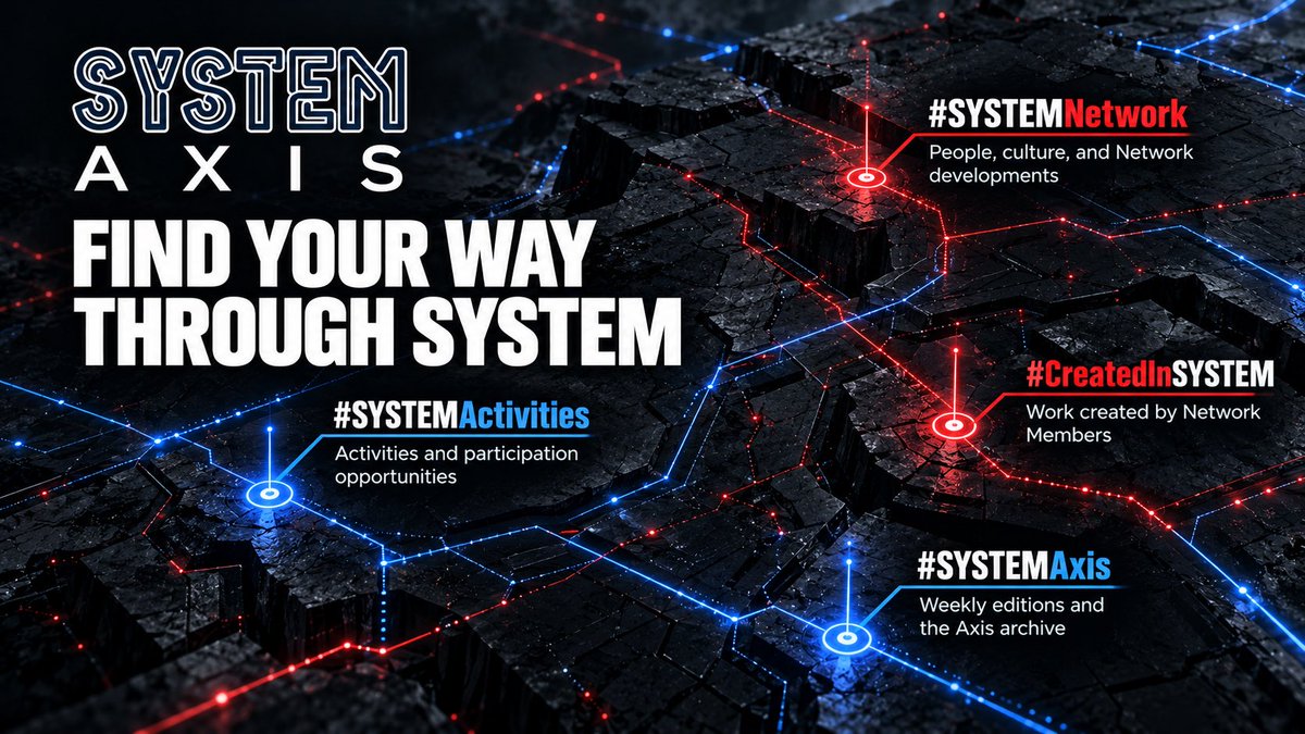 SYSTEMPortal's tweet photo. Find your way through SYSTEM.

#SYSTEMNetwork
People, culture and Network developments

#SYSTEMActivities
Activities and participation opportunities

#CreatedInSYSTEM
Work created by Network Members

#SYSTEMAxis
Weekly editions and the Axis archive https://t.co/r4t0vy2Fja