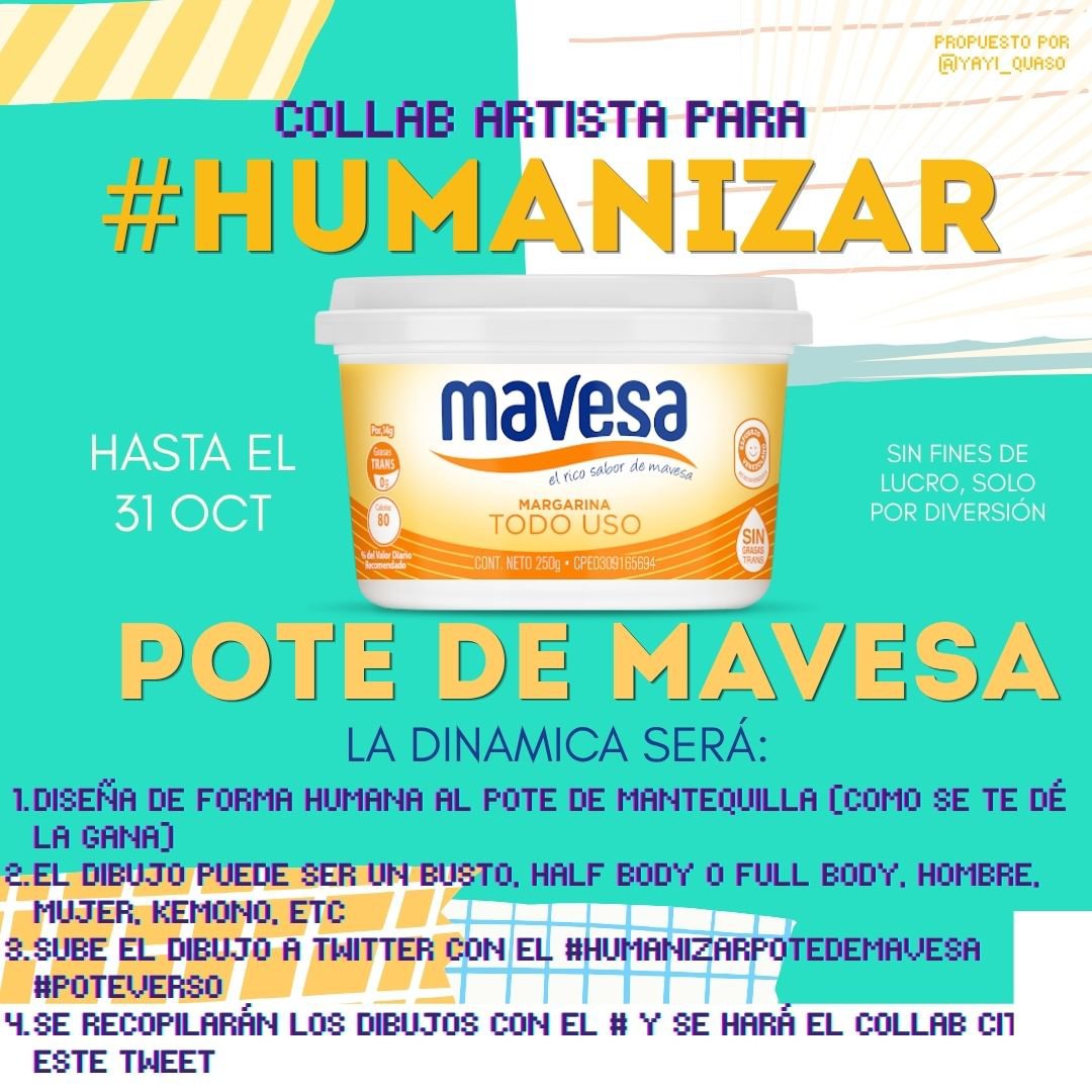 yayi_quaso's tweet photo. Holaaa artistas venezolanos (o en general) que quieran humanizar un pote de mantequilla 🗣️✨
Abro aquí esta collab para humanizar al pote de mavesa, y hacer un collage de todas las versiones humanas
Solo lo tienen que subir con las etiquetas #humanizarpotedemavesa y #poteverso https://t.co/8K2vjHir8g