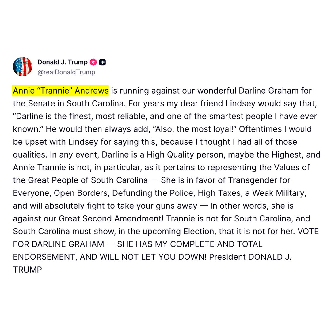 factpostnews's tweet photo. Trump calls Dr. Annie Andrews "Annie 'Trannie' Andrews" https://t.co/3Z1XDqiAsx